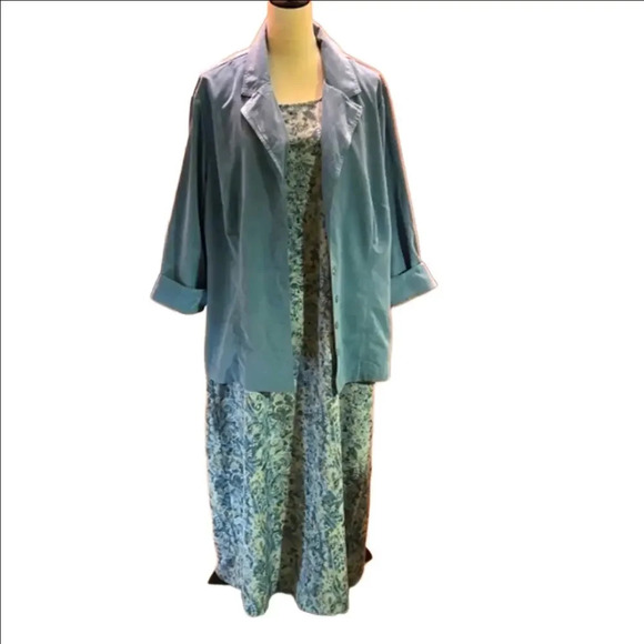 90s M.H.M. Melissa Harper 2 pc Maxi Sage Green Jacket Green & White Dress 20W - Picture 1 of 16